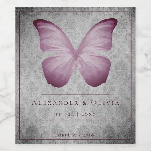 Roze  vlinder Damask bruiloft Wijn Etiket (Enkel label)