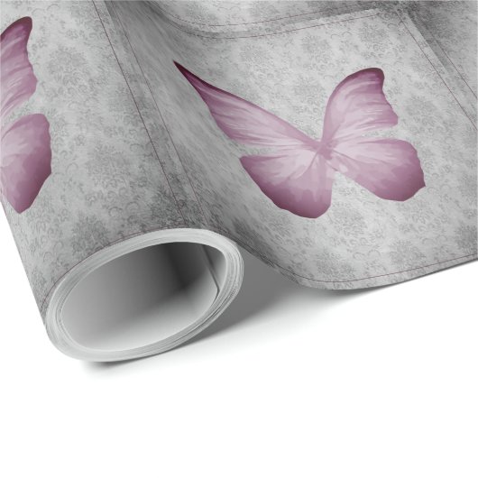 Roze vlinder Damask Cadeaupapier (Rol Hoek)