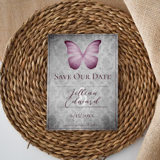 Roze  Vlinder Damask Save the Date Aankondiging