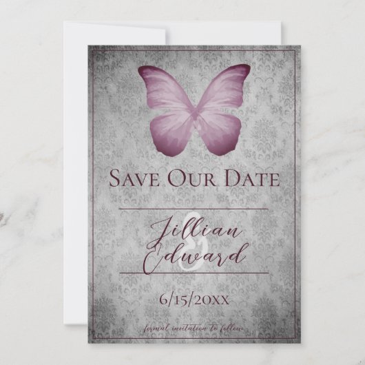 Roze Vlinder Damask Save the Date Aankondiging (Voorkant)