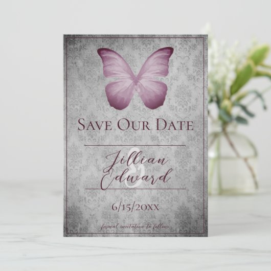 Roze Vlinder Damask Save the Date Aankondiging (Staand voorkant)