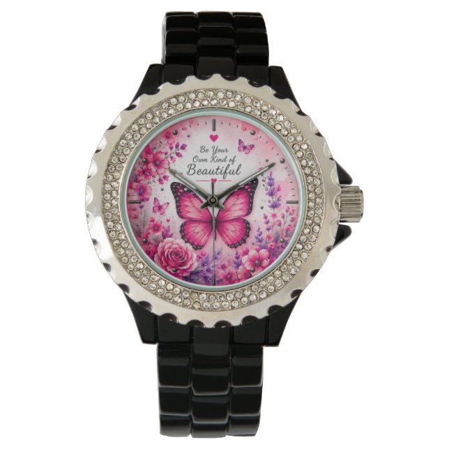 Roze Vlinder Dameshorloge Horloge (Voorkant)