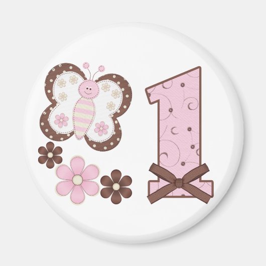 Roze vlinder eerste verjaardag magneet (Voorkant)