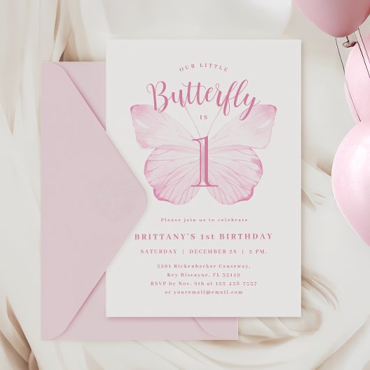 Roze Vlinder Eerste Verjaardag Uitnodiging