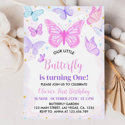 Roze Vlinder Eerste Verjaardag Uitnodiging