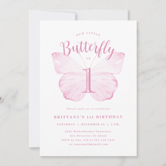 Roze Vlinder Eerste Verjaardag Uitnodiging (Voorkant)