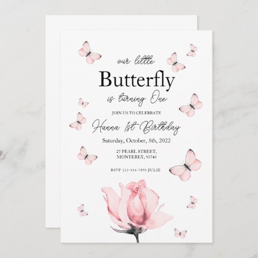 Roze vlinder eerste verjaardagsuitnodiging kaart (Voorkant / Achterkant)