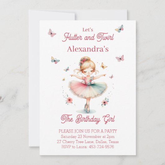  Roze Vlinder en Ballerina Verjaardagsfeest Kaart (Voorkant)