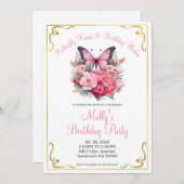 Roze Vlinder en Bloemen Elke Leeftijd Verjaardagsf Kaart (Voorkant / Achterkant)