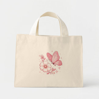 Roze vlinder en bloemen mini tote bag
