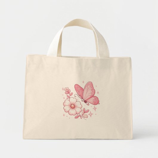 Roze vlinder en bloemen mini tote bag (Voorkant)
