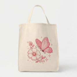 Roze vlinder en bloemen tote bag
