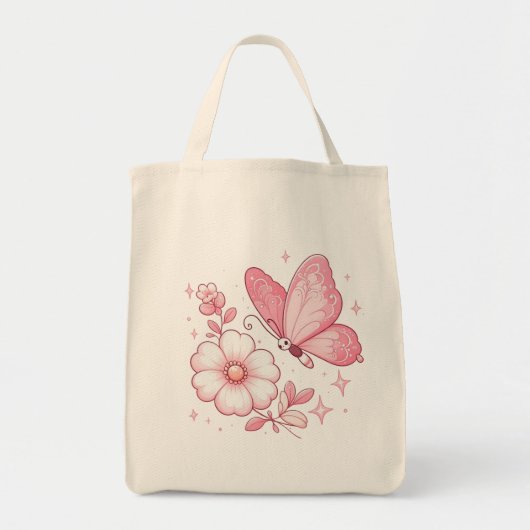 Roze vlinder en bloemen tote bag (Voorkant)