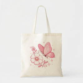 Roze vlinder en bloemen tote bag