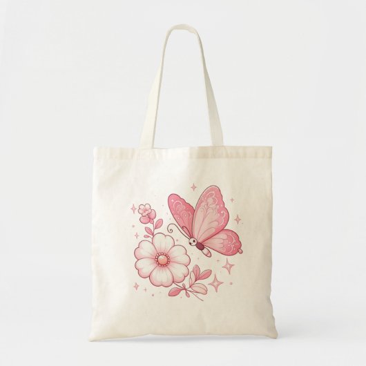 Roze vlinder en bloemen tote bag (Voorkant)
