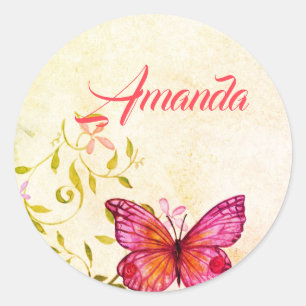 Roze vlinder en Floral - Aangepast Ronde Sticker