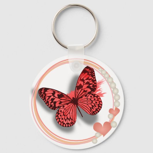 Roze vlinder en hart sleutel/tasketen sleutelhanger (Voorkant)