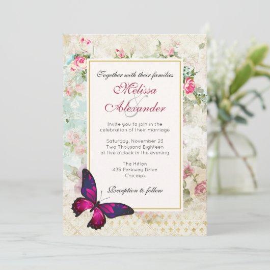 Roze Vlinder en  Roos Collage Bruiloft Kaart (Staand voorkant)