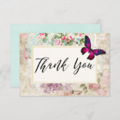 Roze Vlinder en  Roos Collage Dank u Bedankkaart (Voorkant / Achterkant)