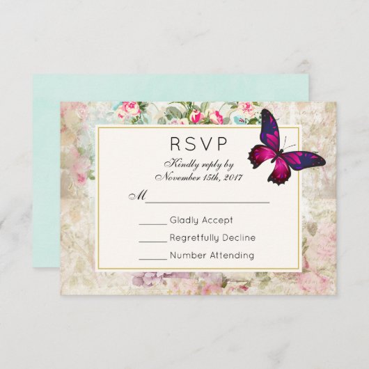 Roze Vlinder en  Rozen Bruiloft RSVP (Voorkant / Achterkant)