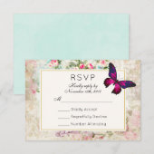 Roze Vlinder en  Rozen Bruiloft RSVP Kaartje (Voorkant / Achterkant)