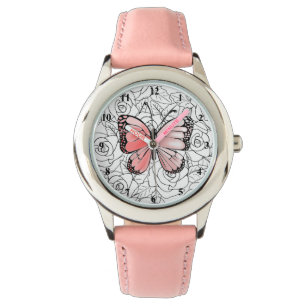 Roze vlinder en Rozen kunst - Horloge