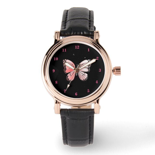 Roze vlinder en Rozen kunst Horloge (Voorkant)