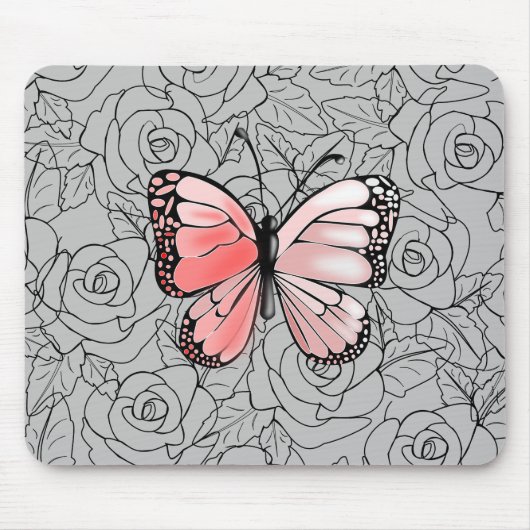Roze vlinder en Rozen kunst Muismat (Voorkant)