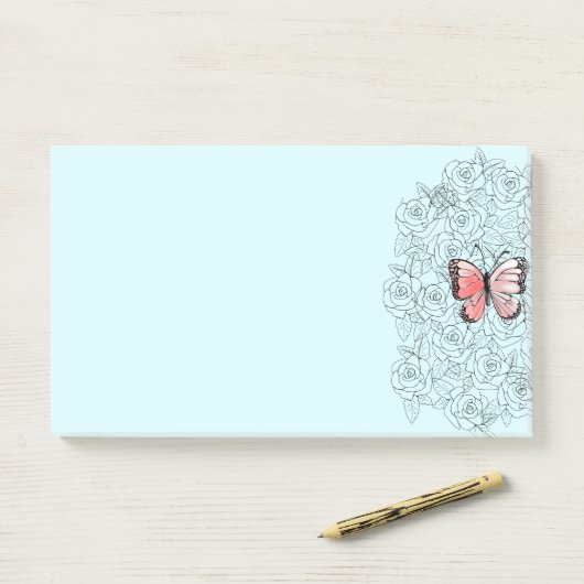 Roze vlinder en Rozen kunst - Post-it® Notes (Op bureau)
