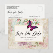 Roze Vlinder en  Rozen Save The Date Aankondigingskaart (Voorkant / Achterkant)