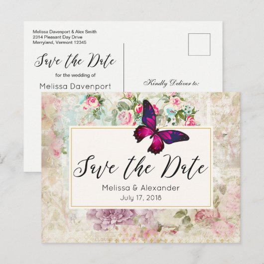 Roze Vlinder en  Rozen Save The Date Aankondigingskaart (Voorkant / Achterkant)