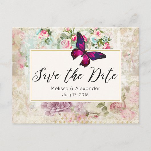 Roze Vlinder en  Rozen Save The Date Aankondigingskaart (Voorkant)
