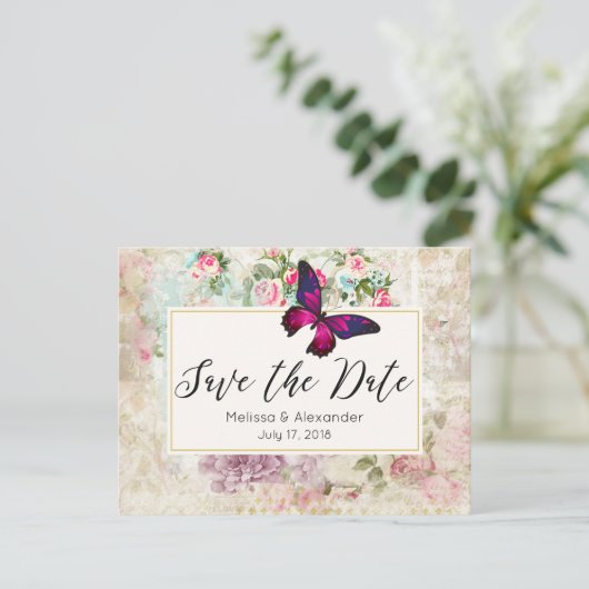 Roze Vlinder en Rozen Save The Date Aankondigingskaart (Staand voorkant)