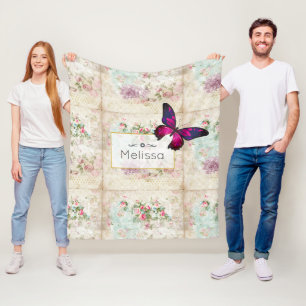 Roze vlinder en  Rozen Shabby Fleece Deken