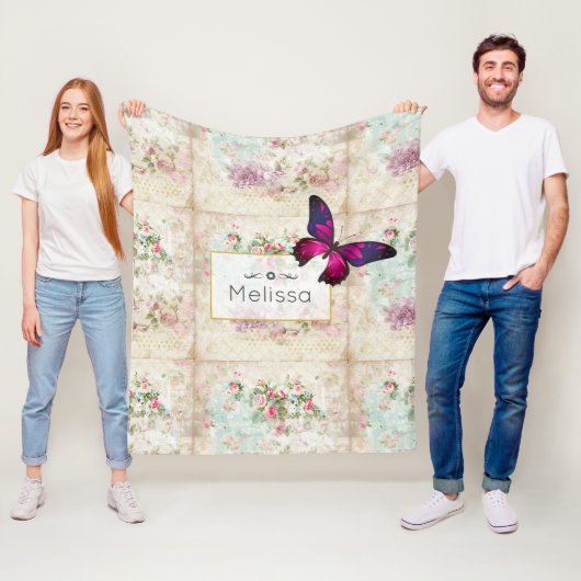 Roze vlinder en  Rozen Shabby Fleece Deken (In situ)