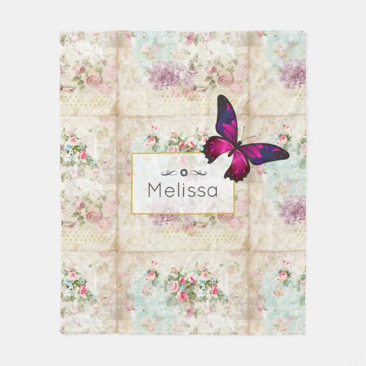 Roze vlinder en  Rozen Shabby Fleece Deken (Voorkant)