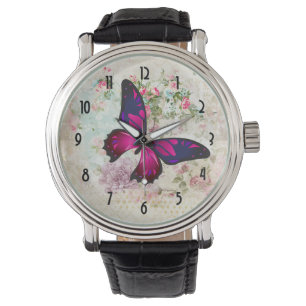 Roze vlinder en  Rozen Shabby Horloge