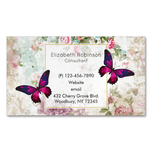 Roze vlinder en  Rozen Shabby Magnetisch Visitekaartje (Voorkant)