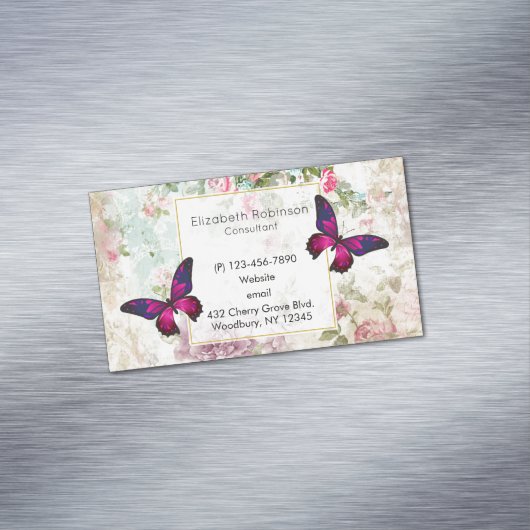 Roze vlinder en  Rozen Shabby Magnetisch Visitekaartje (Voorbeeld)
