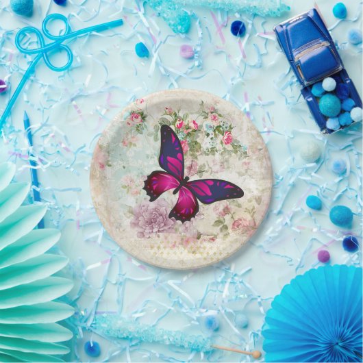 Roze vlinder en  Rozen Shabby Papieren Bordje (Feest)