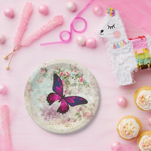 Roze vlinder en  Rozen Shabby Papieren Bordje (Feest)