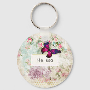 Roze vlinder en  Rozen Shabby Sleutelhanger