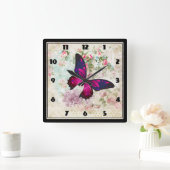 Roze vlinder en  Rozen Shabby Vierkante Klok (Huis)