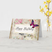 Roze Vlinder en Shabby  Rozen Verjaardag Kaart (Gele Bloem)
