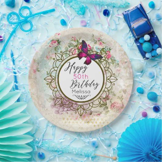 Roze Vlinder en Shabby Rozen Verjaardag Papieren Bordje (Feest)