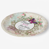 Roze Vlinder en Shabby Rozen Verjaardag Papieren Bordje (Gekanteld)