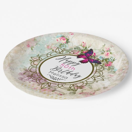 Roze Vlinder en Shabby Rozen Verjaardag Papieren Bordje (Gekanteld)