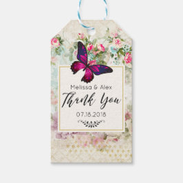 Roze Vlinder en Shabby Vintage Rozen Bruiloft Cadeaulabel