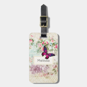 Roze Vlinder en Versleten Vintage Rozen Bagagelabel