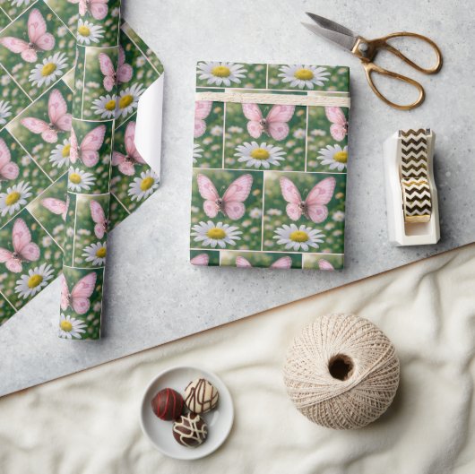 Roze Vlinder en Witte Madelief Cadeaupapier (Crafts)